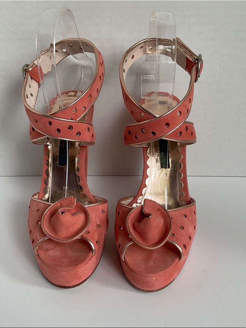 Marc Jacobs Coral Suede Peep-Toe Heels with Rosette and Ankle Wrap